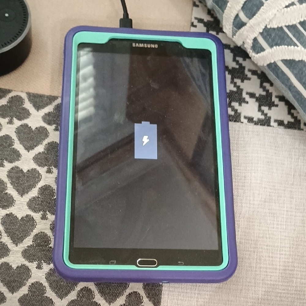 Samsung Galaxy Tab with Rugged Purple and Green Case